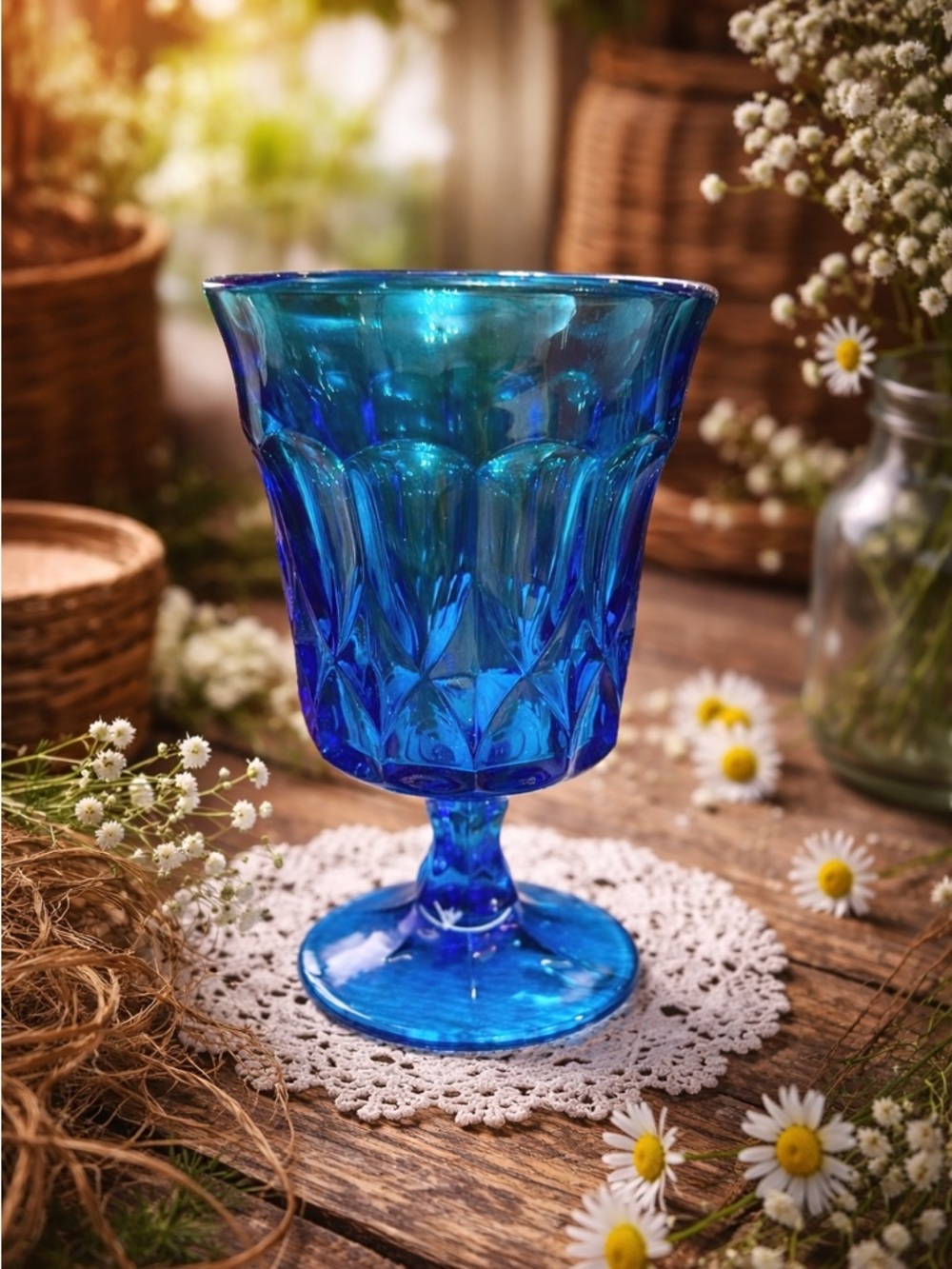Vintage Noritake Perspective‎ Blue Goblet Thumbprint Glassware